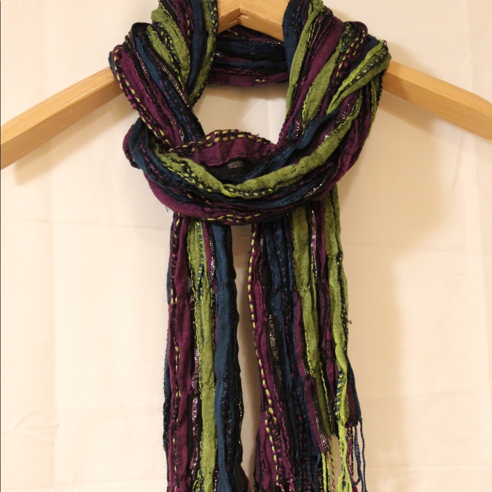 Blue, green and purple striped scarf